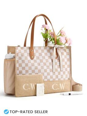 Personalized DIY Tote Bag with Stencils, Jute-Textured, Laptop Pockets,